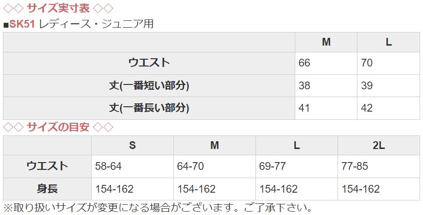 SK51サイズ目安表