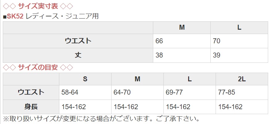 SK52サイズ目安表